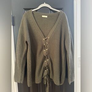 ODDY Dark Green Lace-Up Knit Cardigan